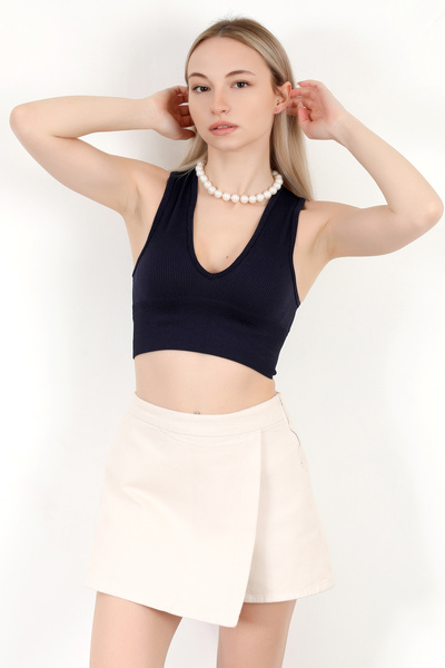 GİYSA Women's V-Neck Thick Straps Textured Crop Bodysuit Navy Blue - Ms 0000311