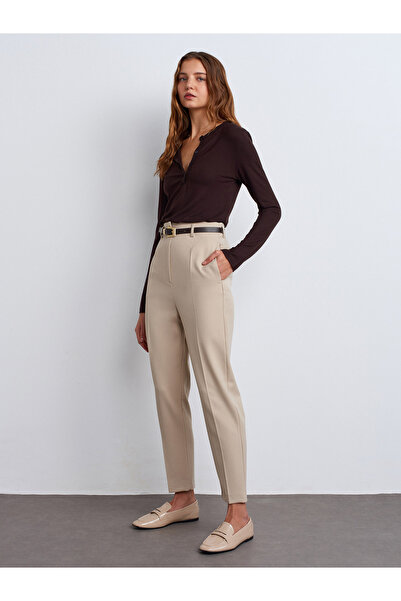 Dilvin 71293 Παντελόνι σε χρώμα πέτρας με ψηλή μέση και ζώνη