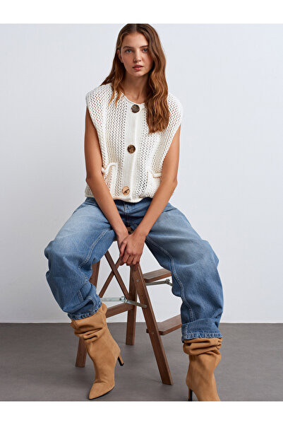 Dilvin 60274 Εκρού Πλεκτό Ρούχο Γιλέκο - Λαιμόκοψη ποδηλάτου, Με τσέπες και μ...