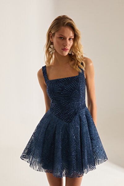 BETTY & SAM JUSTINA Işıltılı Askılı Koyu Mavi Mini Gece Elbisesi