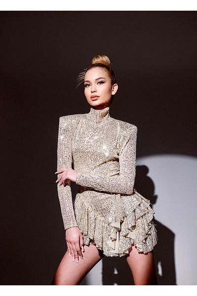 Gira official Silver&Beige Sequined Turtleneck Flounce Detail Mini Dress