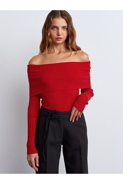 Dilvin 10705 Pulover din tricot cu nervuri cu guler Bardot-Roșu