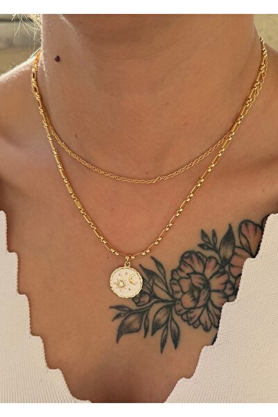 takıtarzım Moon Figured Zircon Stone Gold Set Women's Necklace