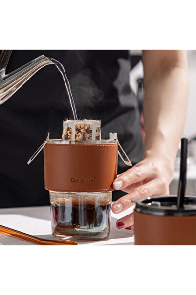 btm home Black & Brown 400ml Glass Straw Cup - Leather Cover & Modern Design