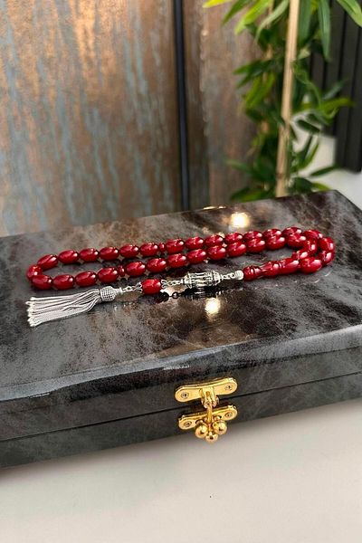 dergah tesbih Silver Design - Ottoman Cherry, Moire Construction and Clamping Amber