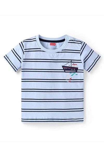 Babyhug Babyhug Single Jersey Knit Half Sleeves Striped T-Shirt & Shorts Set with Boat Print - Blue