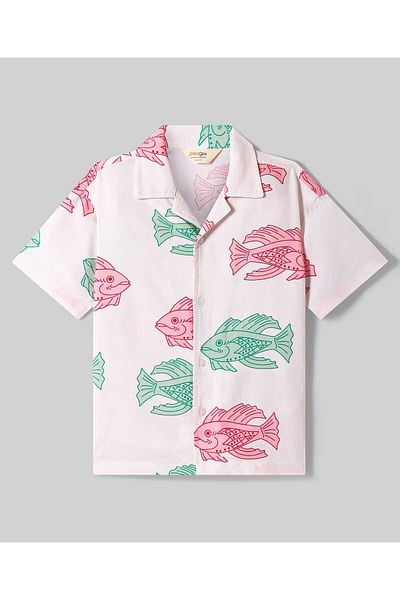 Primo Gino Primo Gino 100% Rayon Woven Half Drop Shoulder Sleeve Shirt & Shorts Co-Ord Set Fish Print-White
