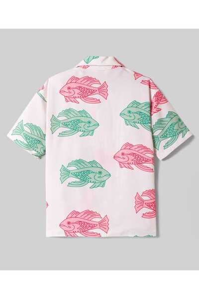 Primo Gino Primo Gino 100% Rayon Woven Half Drop Shoulder Sleeve Shirt & Shorts Co-Ord Set Fish Print-White