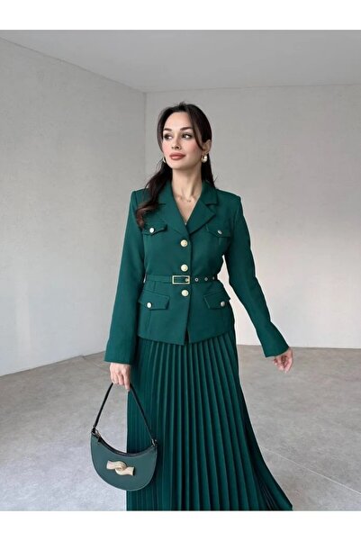 buqre's moda Premium Pleated Gold Buttoned Belted Jacket Skirt Set