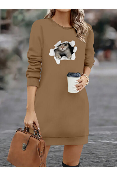 la mode istanbul Γυναικείο μακρυμάνικο φόρεμα με λαιμόκοψη και κοντό βισκόζη με δύο κλωστές Sky Fashion