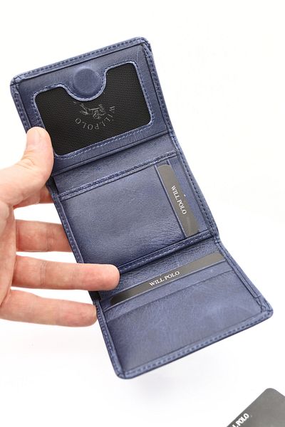 willpolo Γνήσιο δέρμα αγελάδας διπλωμένο μαγνήτη Crazy Navy Blue Ανδρικό πορτοφόλι Γυναικείο πορτοφόλι