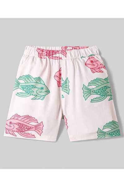 Primo Gino Primo Gino 100% Rayon Woven Half Drop Shoulder Sleeve Shirt & Shorts Co-Ord Set Fish Print-White