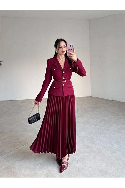 buqre's moda Premium Pleated Gold Buttoned Belted Jacket Skirt Set