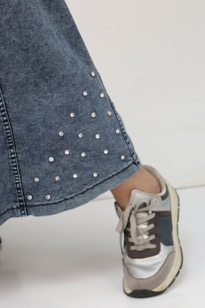 Eslina 45007-1 Plus Size Blue Denim Skirt with Pieces and Stone Detail