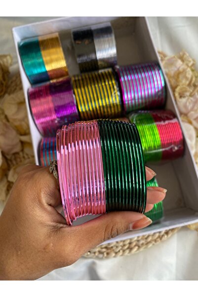 Home 24'lü Hint Metal Bilezik Seti – Açık Pembe & Koyu Yeşil (Mat ve Parlak Tasarım, 2.10 Boyut)