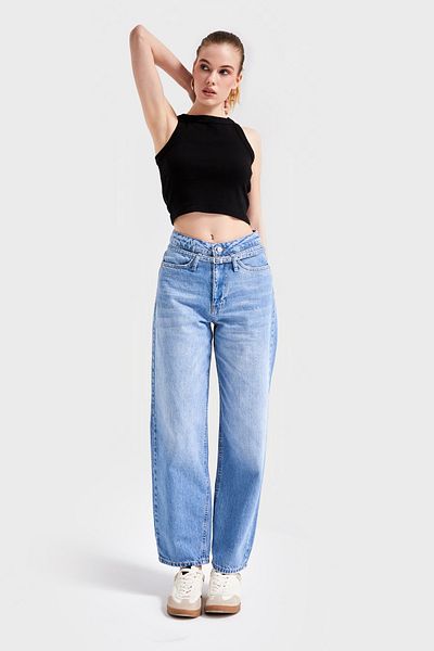 its basic Denim de damă cu centură Blue Tailored Fit - 100% Koton