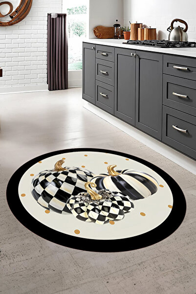 Napoli Home Baskılı Çerçeveli Kabak Motifli Yıkanabilir Kaymaz Taban Yuvarlak...