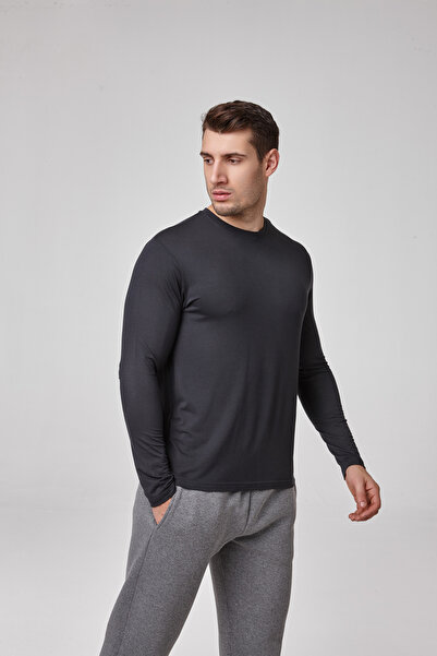 relactive Modal antracit cu mânecă lungă pentru bărbați tricou – decolteu cu gât, elastic, potrivire confortabilă, basic modele C0T2N61