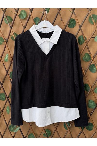 ribana Oversize Sweater Blouse with Shirt Sleeve Detail