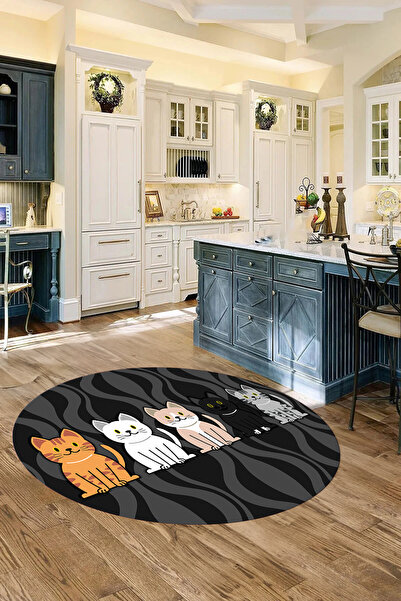 Napoli Home Dijital Baskılı Kedi Figürlü Yıkanabilir Kaymaz Taban Yuvarlak Sa...