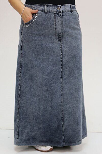 Eslina 45015 Plus Size Pocket Edge Jeans Skirt with Stone Detail - Cold Blue
