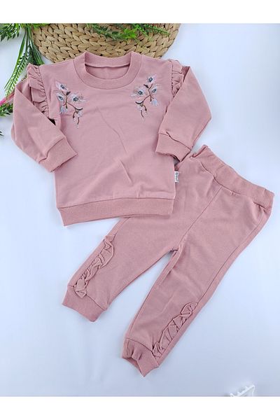 Butik Embroidery Patterned Bead Polka Dot Seasonal Double Suit for Girl and Baby - Button Detailed