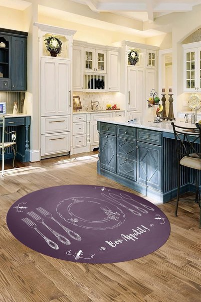 Napoli Home Baskılı Çatal Bıçak Desenli Yıkanabilir Kaymaz Yuvarlak Salon Mut...