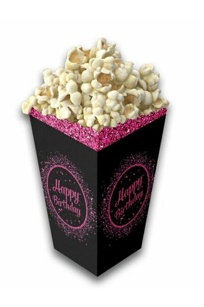 Deniz Party Store Fuchia Black Happy Birthday Cardboard Popcorn Corn Chips Box 8 Pcs