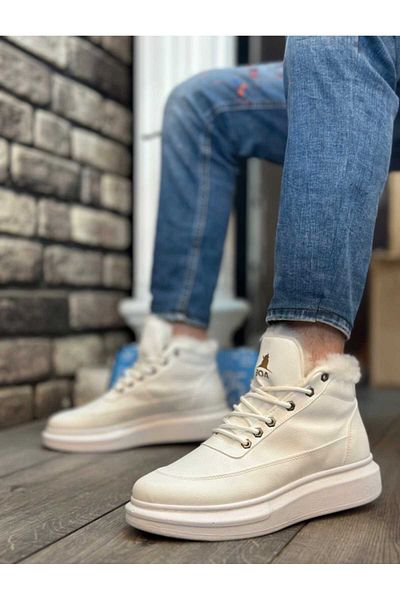 WEBORN Men's Daily Faux Leather White Water Resistant Comfortable Winter Boots with Fur Inside Laced Stylish