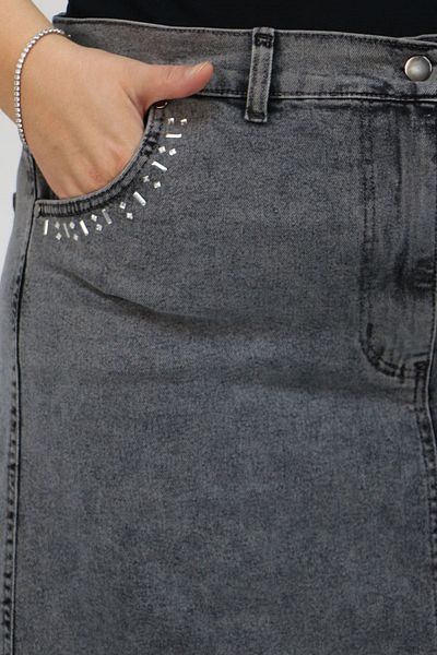 Eslina 45015 Large Size Jeans Skirt with Pocket Edge and Stone Detail - Gray