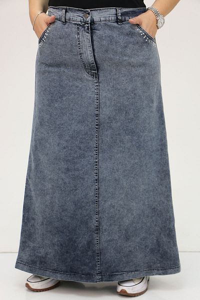 Eslina 45015 Plus Size Pocket Edge Jeans Skirt with Stone Detail - Cold Blue