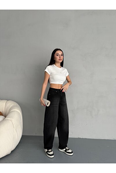 alanora Kadın Soluk Efektli Bol Kesim Rahat Geniş Paça Baggy Jean