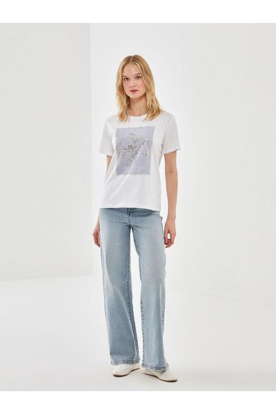 LC Waikiki Γυναικείο μπλουζάκι με στάμπα LCW Vision Crew Neck