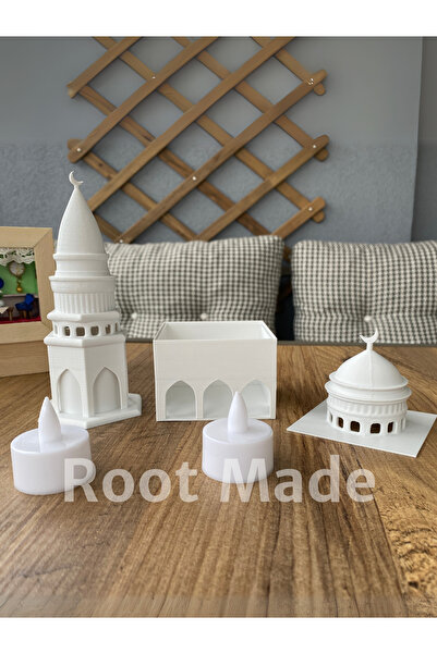 huni Mescit ve Minare Şeklinde Tealight Mum Aydınlatmalı İslami Dekoratif Obje