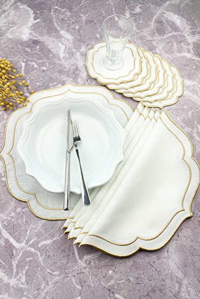 WEARE2 Krem Bej Renkli Çift Sargı Nakışlı 12 Parça Set Amerikan Servis Ve Kok...