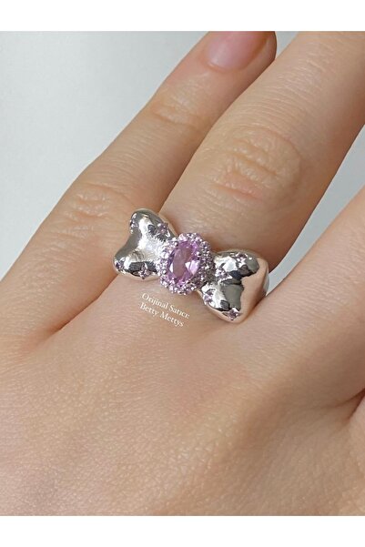 bettymettys خاتم كوكيت Fairycore باللون الفضي مرصع بأحجار الزركون الوردية