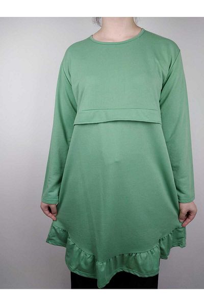 YAŞAR TRİKO Women's Mint Green Robe Crew Neck Ruffle Long Sleeve Two Thread Tunic