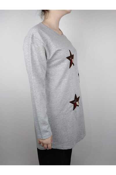 YAŞAR TRİKO Жіночий сірий велосипедний комір з довгими рукавами, з вишитим зіркою, двоколірна туніка