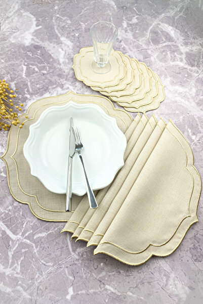 WEARE2 Krem Bej Renkli Bej Çift Sargı Nakışlı 12 Parça Set Amerikan Servis Ve...