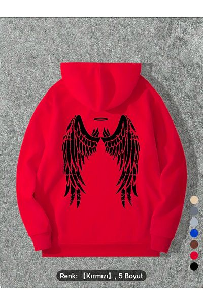 NEW TRENDY COLLECTİON Angel Wing Back Printed Kangaroo Black Hooded Sweatshirt