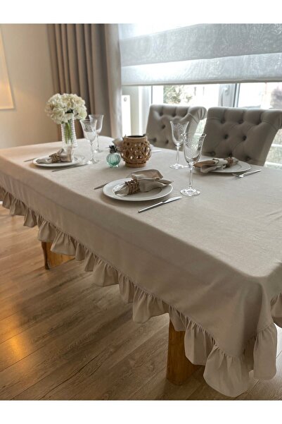 Decamor home Kadife Dokulu Vintage Fırfırlı Taş - Açık Bej Dikdörtgen Dertsiz...