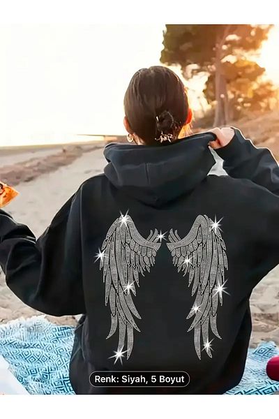 NEW TRENDY COLLECTİON Angel Wing Back Printed Kangaroo Black Hooded Sweatshirt