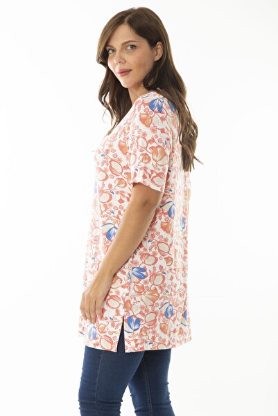 Şans Women's Large Size Colorful Crew Neck Patterned Long Blouse 65N36924