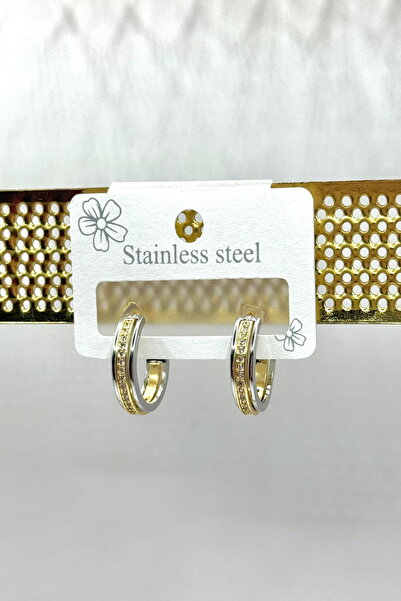 DEMOKAN Kadın Çelik Küpe İnce Şerit Zirkon Taş Küçük Kesik Halka Küpe