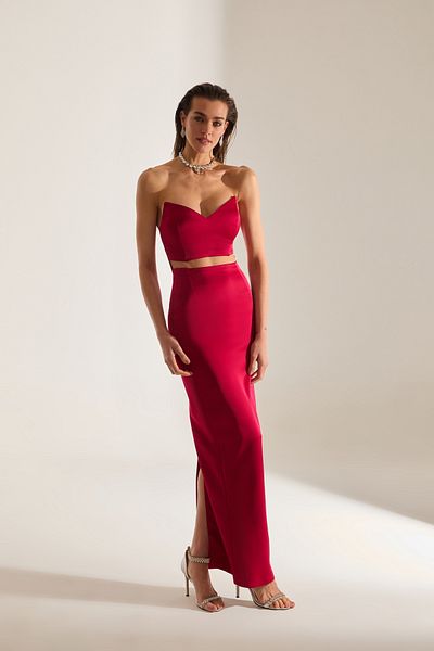 BETTY & SAM Mabel Cut Out Low-Cut Pencil Satin Red Evening Gown