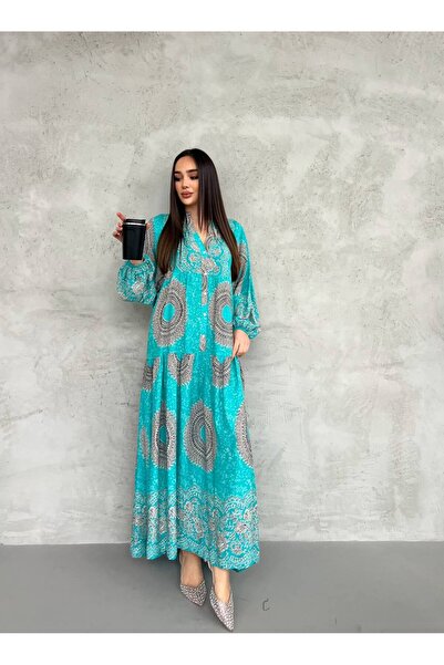 PREMİER VİE Hijab Patterned Turquoise New Season Viscose Dress