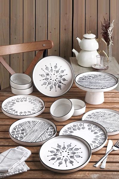 Kitchen Life 11 Pieces Footed Breakfast Set for 6 People with Serving Plate - Black and White Presentation Set