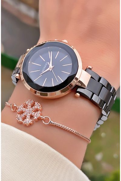 Homies Brand Rose Black Color Waterproof Women's Wristwatch - With Bracelet Gift
