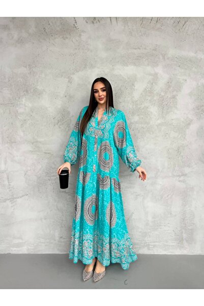 PREMİER VİE Hijab Patterned Turquoise New Season Viscose Dress