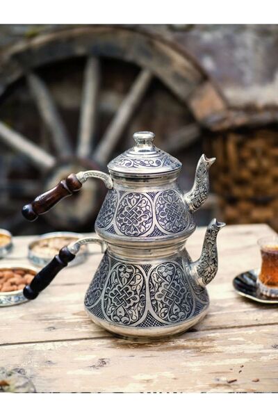 Bakır Concept Copper Teapot Heavy Embossed Silver Color (Tin)